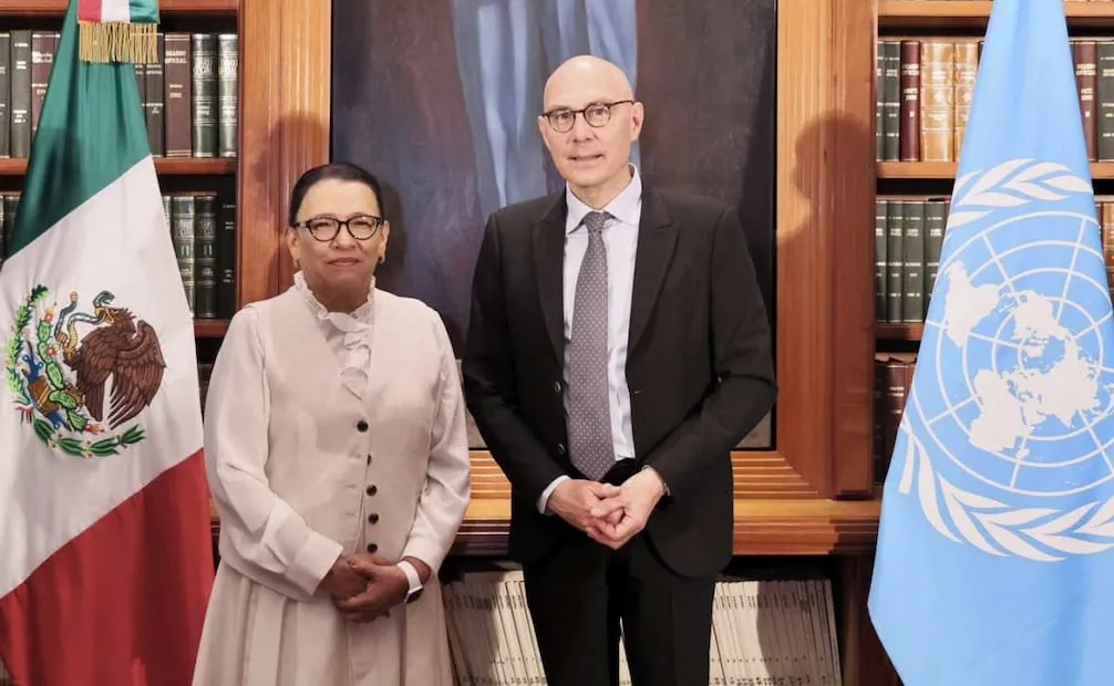 La secretaria de Gobernación, Rosa Icela Velázquez, se reunió con el Alto Comisionado de la ONU, Volker Türk. Foto: Especial