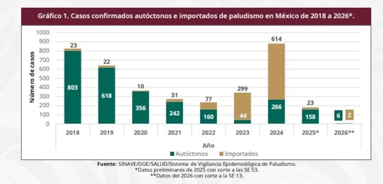 Suman 8 casos de malaria en México en lo que va del 2026 (25/04/2026). Foto: Especial