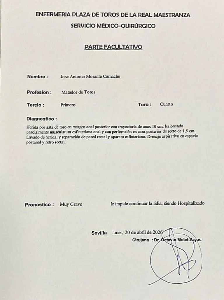 El torero Morante de la Puebla sufre cornada en el recto: tiene perforación y su pronóstico es "muy grave"