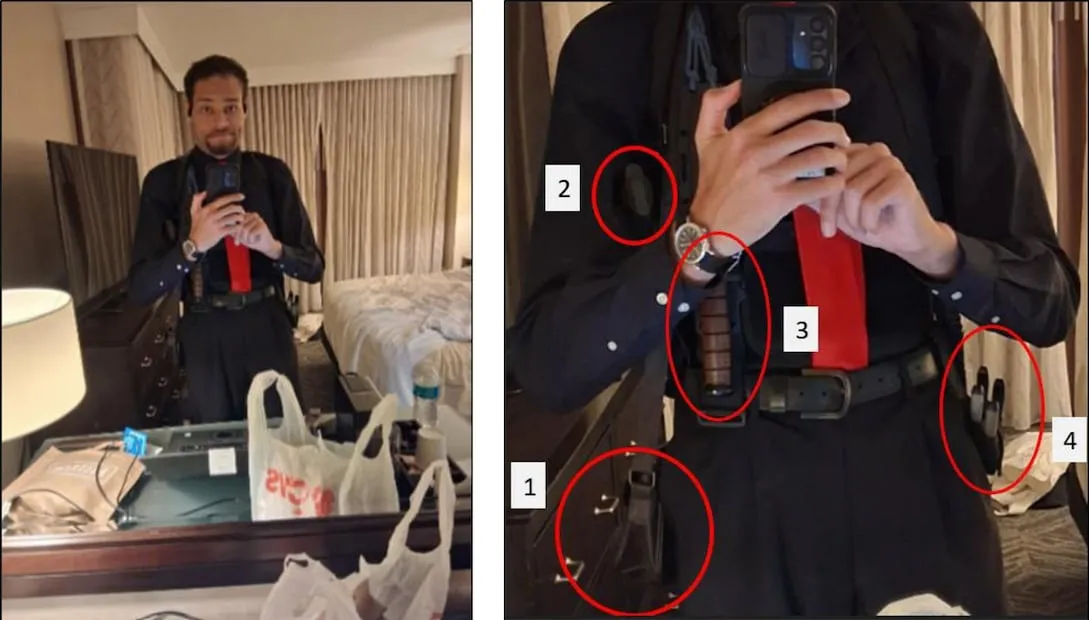 El Departamento de Justicia de EU difundió una selfie que se tomó Cole Tomas Allen en su habitación en el Hilton, el sábado 25 de abril. FOTO: AP