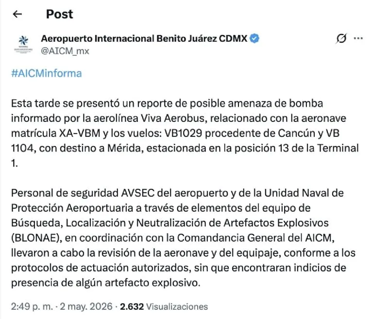 Alerta por amenaza de bomba en vuelo de Viva Aerobus en el AICM moviliza operativo; descartan explosivos