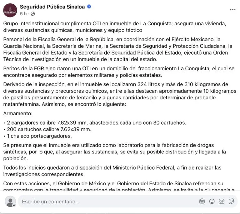 Aseguran inmueble en fraccionamiento de Culiacán y encuentran precursores de drogas; reportan que era un laboratorio clandestino