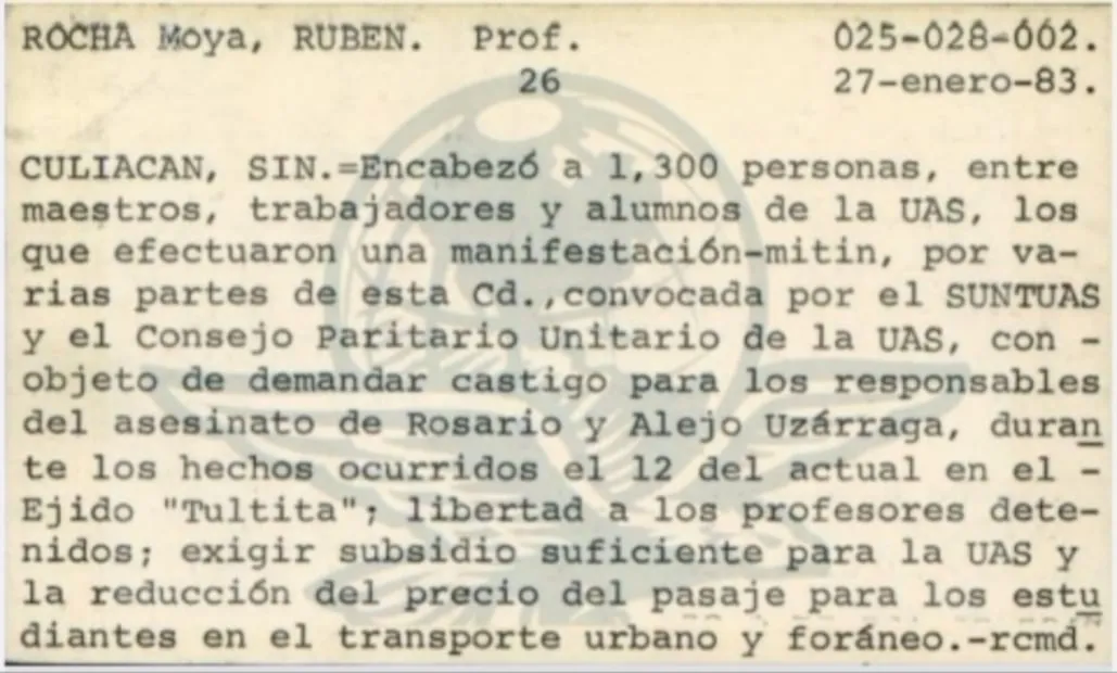 Fichas elaboradas por la Dirección Federal de Seguridad donde sigue los pasos del exgobernador de Sinaloa Rubén Rocha (05/05/2026). Foto: Especial