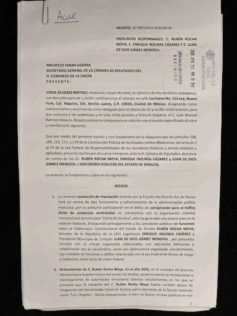 Petición de desafuero contra los funcionarios públicos de Sinaloa acusados por el gobierno de Estados Unidos de narcotráfico. Foto: X @AlvarezMaynez