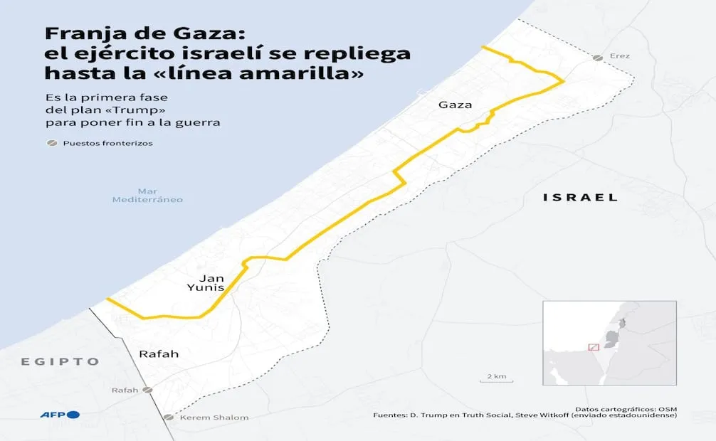 Mapa de la Franja de Gaza que muestra la "línea amarilla" tras la cual se replegaron las tropas estadounidenses el 10 de octubre, según el enviado estadounidense Steve Witkoff. Foto: AFP
