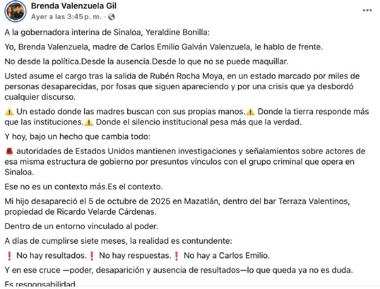 "No sea parte del silencio": mamá de Carlos Emilio exige a la nueva gobernadora de Sinaloa avances para hallar a su hijo