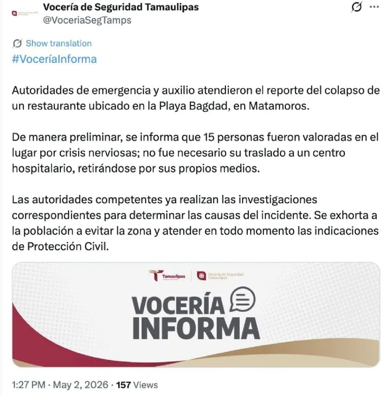 Restaurante colapsa en la costa de una playa en Matamoros, Tamaulipas
