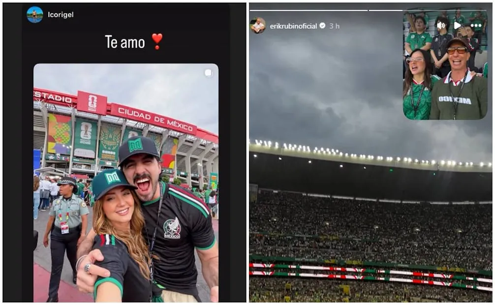 Andrea Legarreta con su novio Luis Carlos Origel; Erik Rubín y su novia Geraldine Zárate, los cuatro en el partido México-Chequia.
Fotos: Instagram.