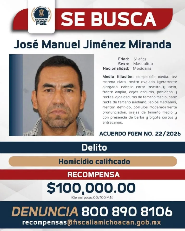 Anuncian recompensa de 100 mil pesos por la captura del coronel José Manuel Jiménez, jefe de escoltas de Carlos Manzo