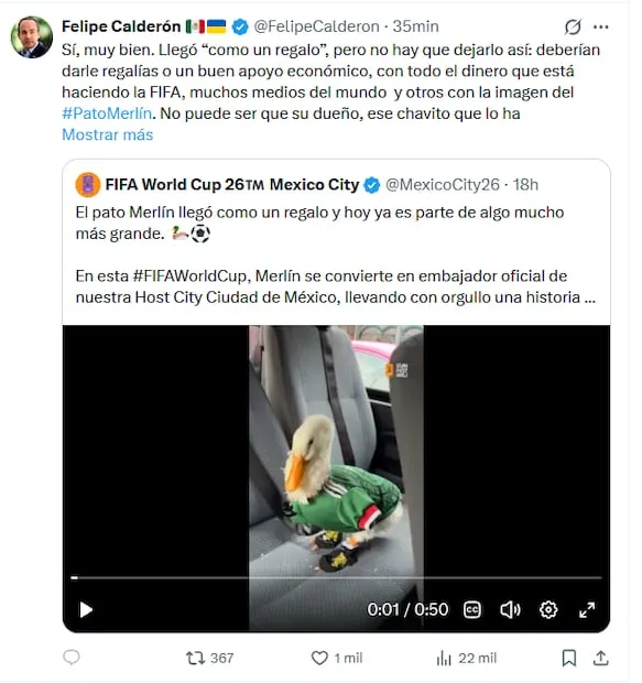 Expresidente Felipe Calderón lanza dardo a la FIFA por nombrar embajador oficial al pato Merlín (20/06/2026). Foto: Captura de pantalla