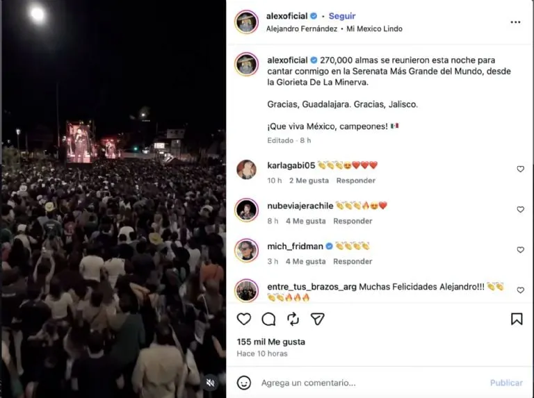 Concierto de Alejandro Fernández en la Minerva reúne a 270 mil personas previo al último partido del Mundial en Guadalajara