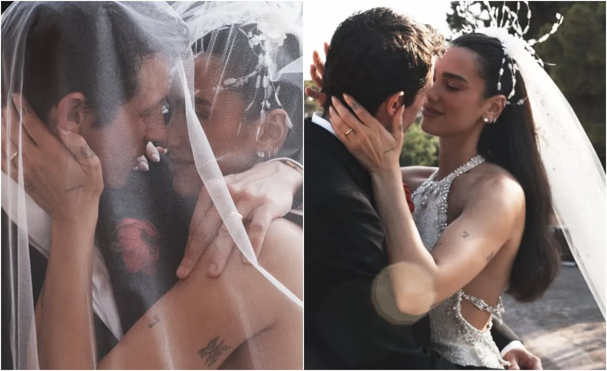 Dua Lipa, Callum Turner y las primeras fotografías de su boda; la cantante usó un tocado bordado durante 3 mil 200 horas