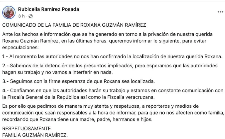 Familia de Roxana Guzmán asegura que las autoridades no le han confirmado el hallazgo del cuerpo de la comunicadora