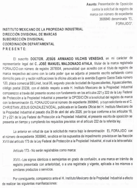 Los documentos muestran que Grupo Forajido pidió al IMPI negar el registro de “El Forajido” al considerar que puede confundirse con su marca “Forajido”, vigente hasta 2034. Anexó carteles, registros y pruebas de uso. En otra constancia, INDAUTOR muestra que “Christian Nodal” aparece como reserva a nombre del padre del cantante al 100%.