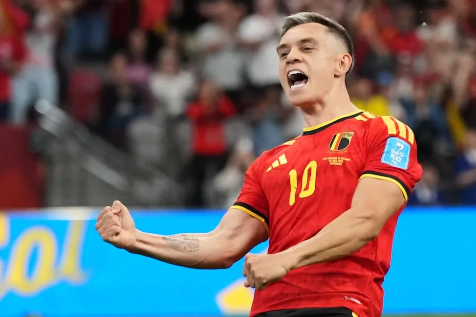 Leandro Trossard en festejo de gol con la selección de Bélgica, durante la tercera fecha de la Fase de Grupos del Mundial de 2026 - Foto: AP