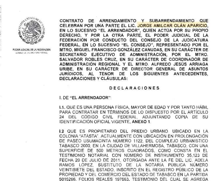 Contrato entre el PJF y Jorge Amílcar Olán Aparicio. Foto: Captura