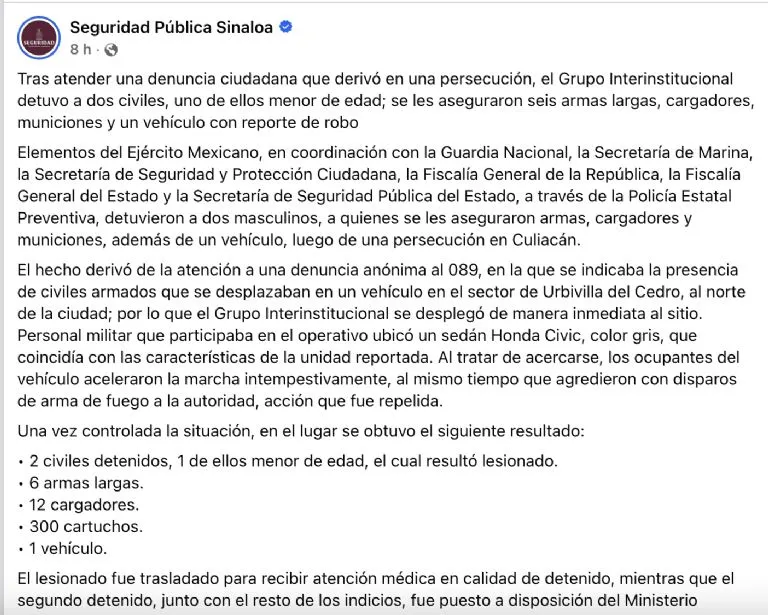 Aseguran armas y drogas tras persecución en Culiacán; detienen a dos sujetos, entre ellos un menor