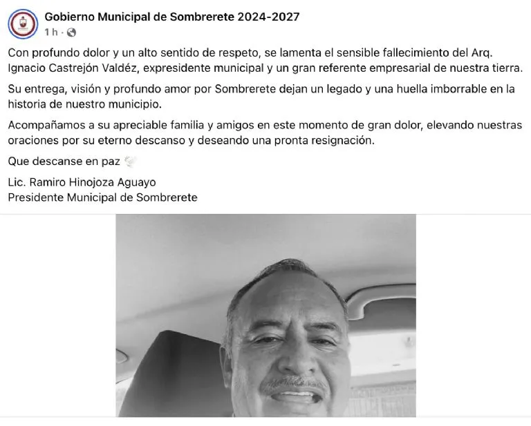 Asesinan del exalcalde de Sombrerete, Ignacio Castrejón Valdéz, en Zacatecas