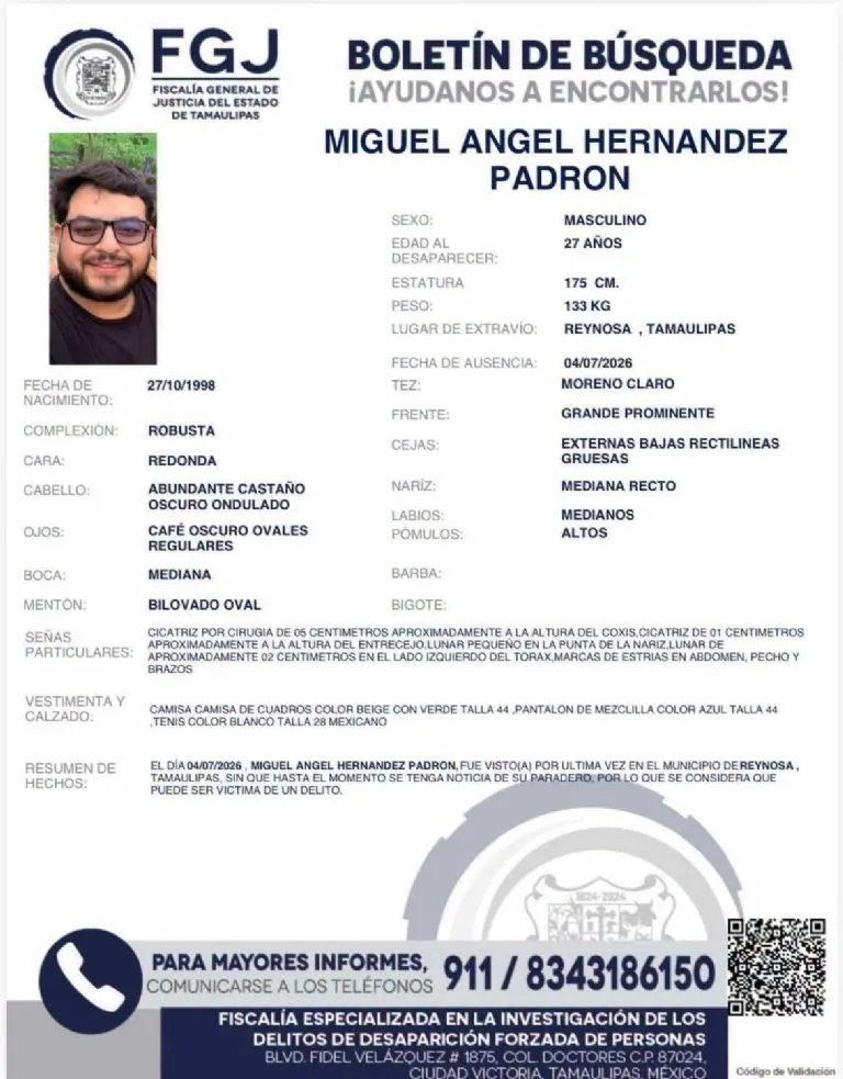 Buscan a Miguel Ángel, joven desaparecido en Tamaulipas; se le vio por última vez cuando salió a trabajar
