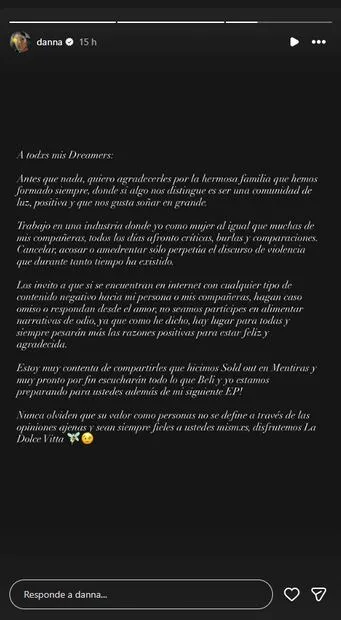Como Belinda, Danna pide a sus fans que eviten el odio en redes sociales: "respondan desde el amor"