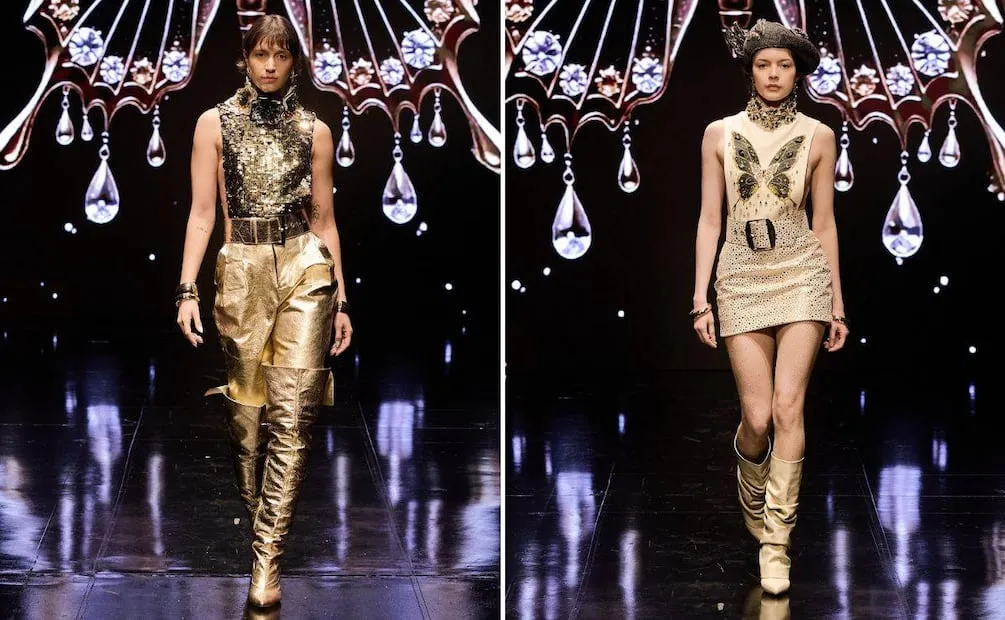 El dorado fue uno de los tonos destacados. Las modelos lucen calzado de Dante. Foto: Cortesía Intermoda