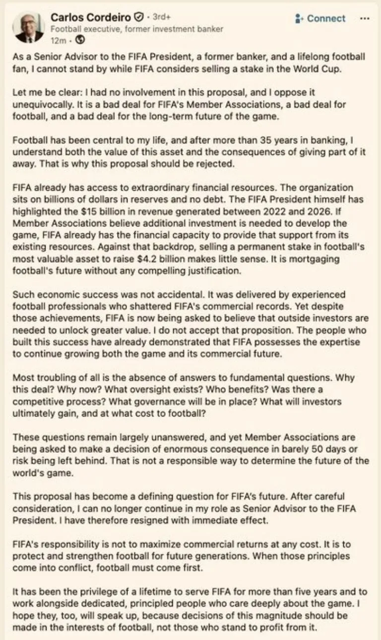 Renuncia el principal asesor de Infantino por el plan de la FIFA de vender el Mundial: “Es hipotecar al futbol”