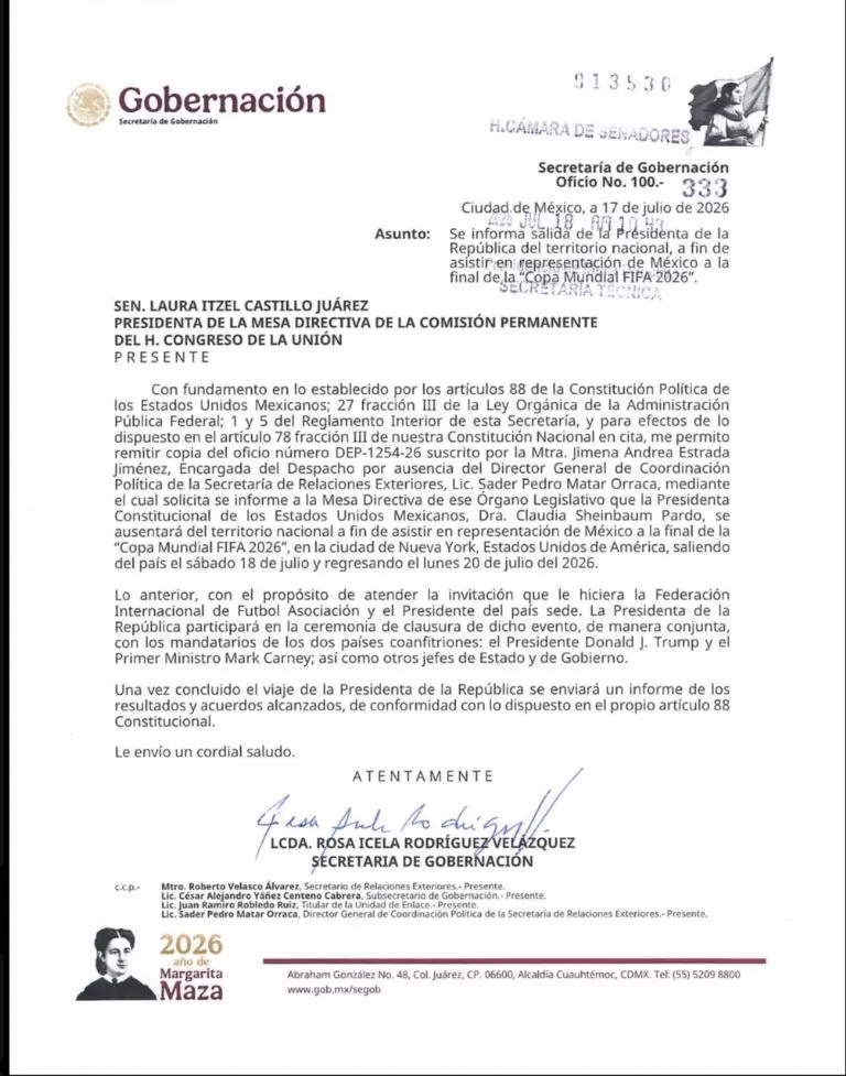 Sheinbaum notifica a la Comisión Permanente salida del país para asistir a la final del Mundial de Futbol 2026