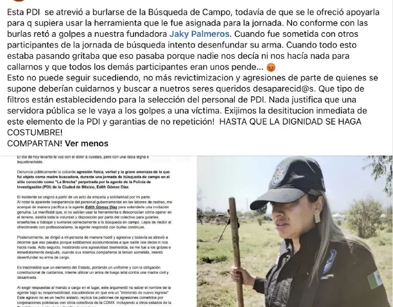 Buscadora de la CDMX acusa que agente de la Policía de Investigación la golpeó e intentó desenfundar su arma