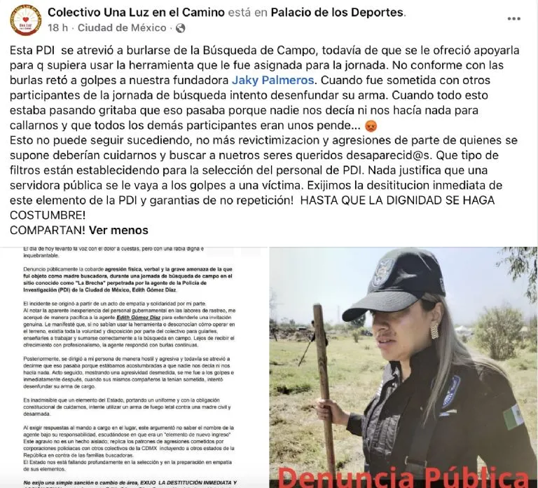 Buscadora de la CDMX acusa que agente de la Policía de Investigación la golpeó e intentó desenfundar su arma