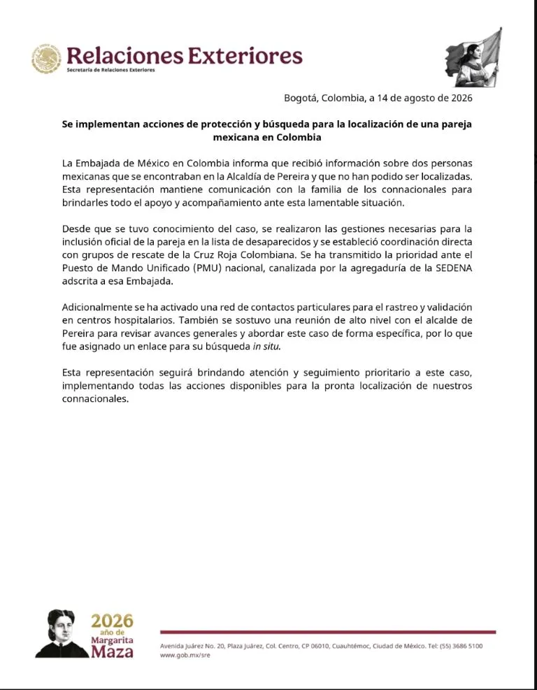 Buscan a pareja de mexicanos que desaparecieron tras terremotos en Colombia, anuncia SRE