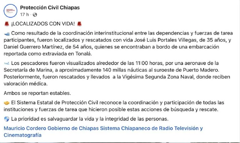 Encuentran con vida y en una hielera a dos pescadores en Chiapas tras cinco días desaparecidos en el mar