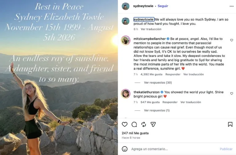 "Un rayo infinito de sol": despiden a influencer Sydney Towle tras fallecer de cáncer a los 26 años