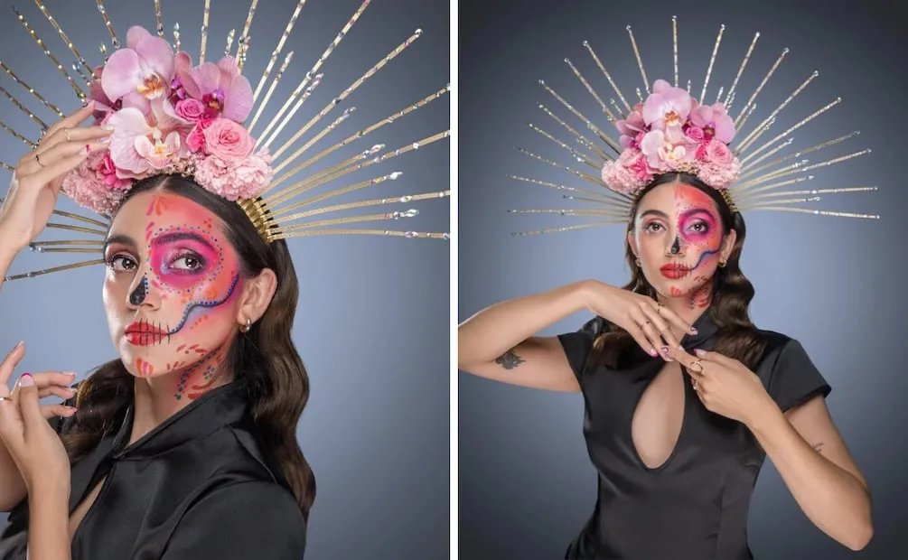 Maquillaje de Catrina rosa y morado. Foto: Cortesía Avon