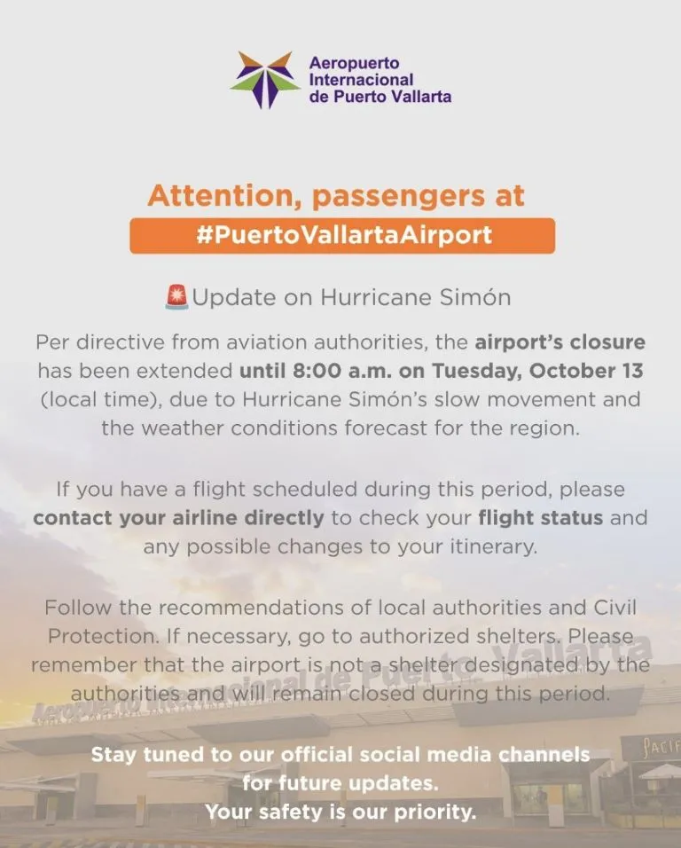 Aeropuerto Internacional de Puerto Vallarta amplía su cierre hasta el martes por el paso de "Simón"
