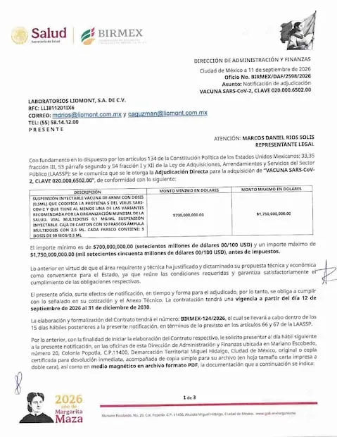 Birmex adquiere 2.5 millones de vacunas covid por 31 mil mdp; entrega de inmunización será hasta 2030