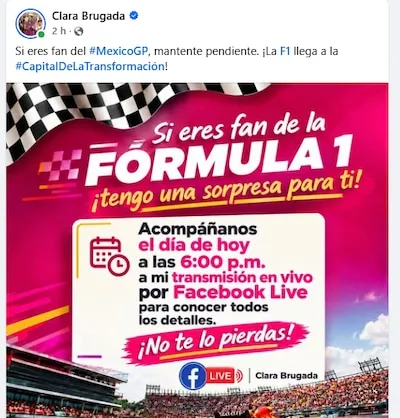 Clara Brugada compartió horario y lugar de transmisión para revelar más detalles acerca de cómo ganar boletos para el GP de México 2026. (Foto: Captura)