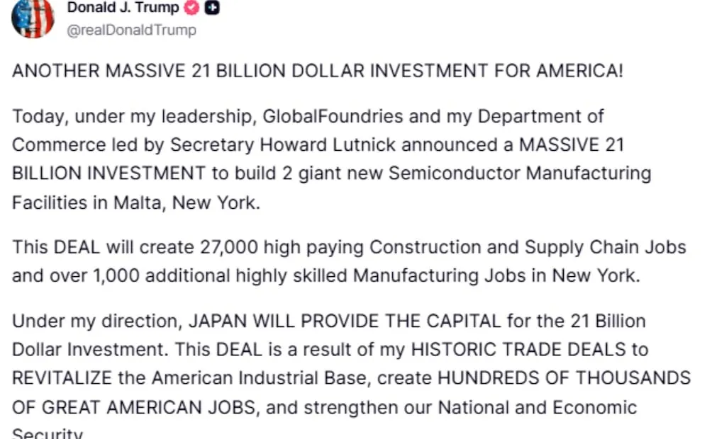 Anunció la inversión de GlobalFoundries a través de Truth Social. Foto: @realDonaldTrump