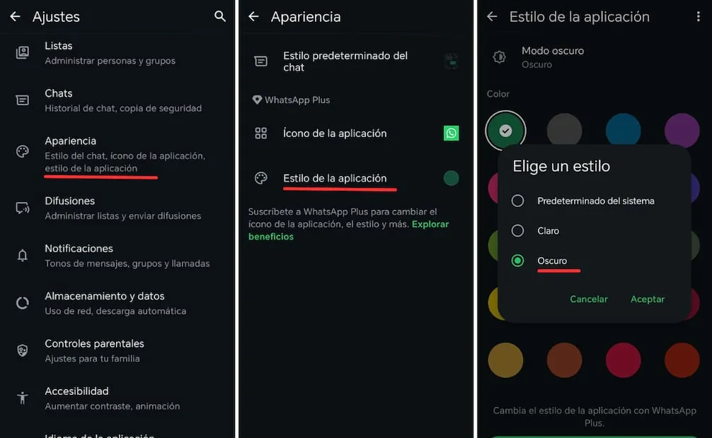 Puedes activar el modo oscuro desde los ajustes de tu dispositivo para cambiar la apariencia de las aplicaciones compatibles. Foto: Captura de pantalla