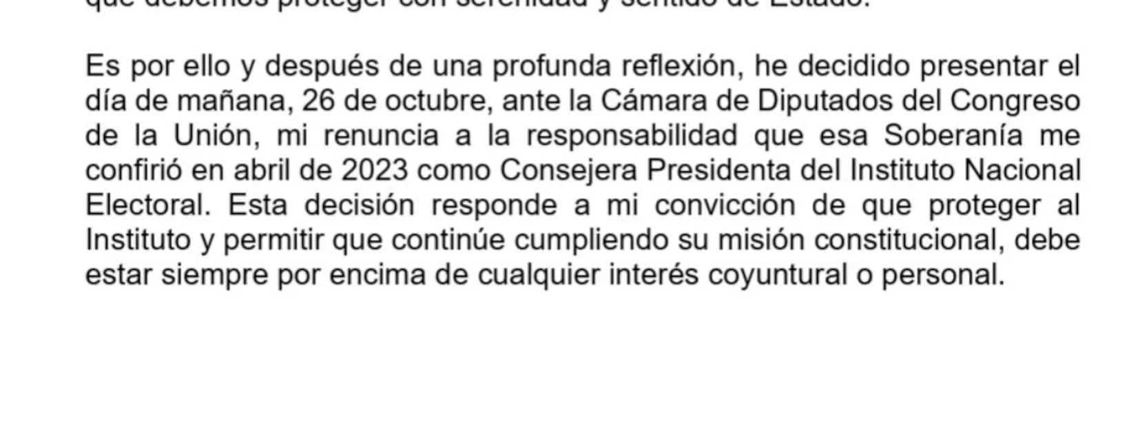 El Instituto Nacional Electoral informó mediante un comunicado sobre la renuncia de la Consejera Presidenta. Foto: captura de pantalla del comunicado