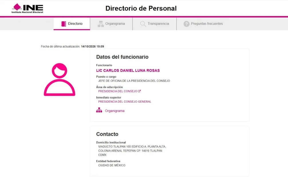 Estatus en el INE de Carlos Luna Rosas, Jefe de Oficina de Guadalupe Taddei (26/10/2026). Foto: INE