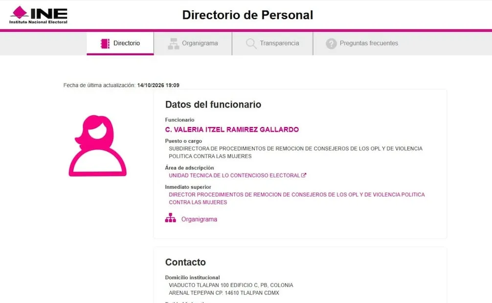 Estatus de Valeria Ramírez Gallardo, actual subdirectora de remoción de consejeros de los Organismos Públicos Locales Electorales (OPL) y de violencia de género (26/10/2026). Foto: INE